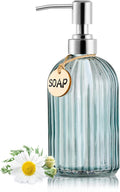 16OZ Fashion Stripe Clear Glass Refillable Soap Dispenser with 304 Stainless Steel Pump Premium Soap Dispenser， for Kitchen, Bathroom, Hand Sanitizer, Liquid Soap, Lotion, etc. (Clear Blue)