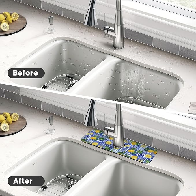 Yellow Lemon Mediterranean Lemons And Blue Tiles Kitchen Sink Splash Guard Faucet Mat Super Absorbent Fast Drying Mat Sink Gadgets-Fast Drying Pad Sink Mat For Kitchen Bathroom (15" X 5.5" )