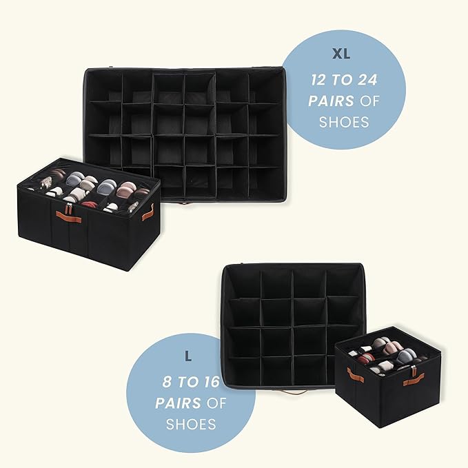 OrganiHaus Shoe Organizer for Closet and Entryway, Fits up to 16 Pairs, Large Shoe Storage Box, Collapsible Shoes Storage Bin, Shoes Container w/Reinforced Handles and Clear Cover - Black