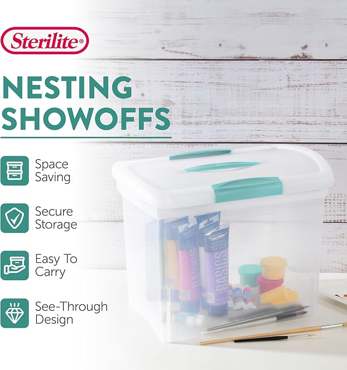Sterilite Large Nesting ShowOffs, Stackable Small Storage Bin with Latching Lid and Handle, Plastic Container to Organize Office Files, Clear, 18-Pack