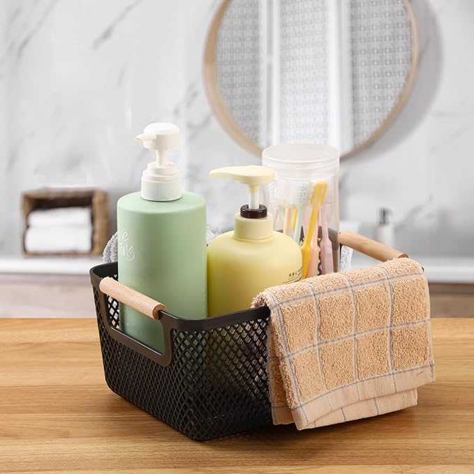 Tioncy 4 Pcs Plastic Mesh Baskets with Wood Handle Woven Mesh Storage Organizer Bins Multi-function Rectangle Baskets for Home Pantries Shelves Closet Kitchens Bedrooms(10.4 x 7.2 x 4.7 Inches)