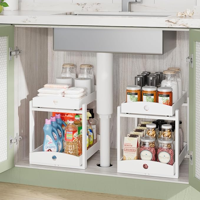 2 Pack Under Sink Organizer, Bamboo Wooden 2-Tier Pull-Out Storage with Sliding Drawers for Kitchen and Bathroom Cabinets, Easy Installation (White)