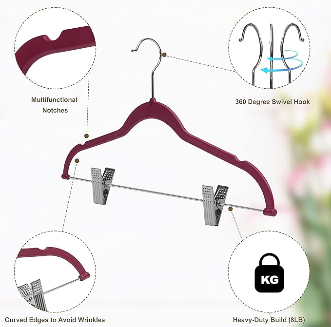 80 Pack Raspberry Quality Plastic Non Velvet Non-Flocked Thin Compact Coat Hangers with Metal Clips for Skirts Pants Blouses 360° Swivel Hook