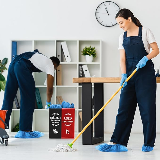 Shoe Cover Box Dispenser Foldable Storage Bin Holder with Used Shoe Covers and Welcome Please or Remove Sign for Open House Supplies(Black, Red)