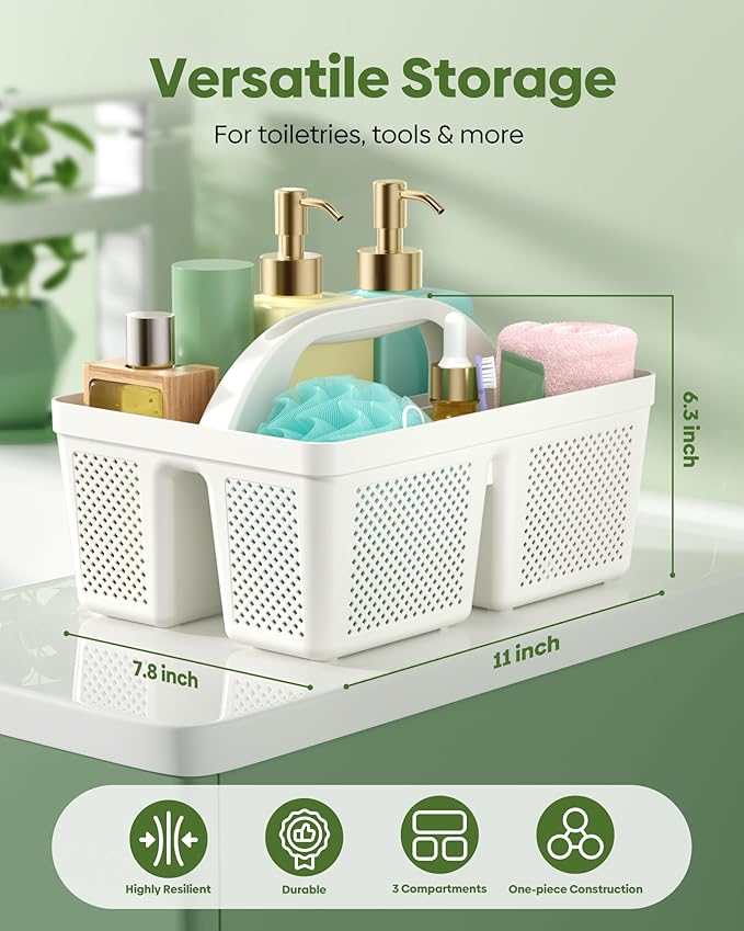 MLIKLU 4 Pack Portable Shower Caddy, Integrated Handle, Reinforced Plastic, Quick-Dry Ventilation Holes, Multi-purpose Storage Basket for Home, Dorm and Bathroom, Kitchen, Under Sink Storage, White