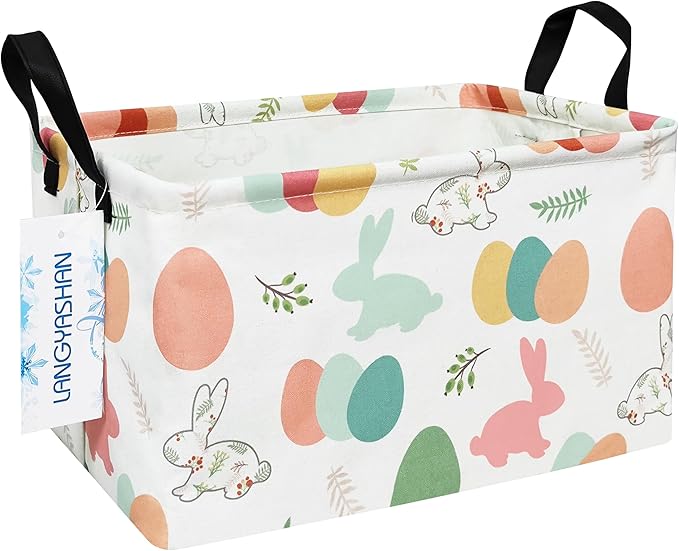 LANGYASHAN Rectangular Storage Bin Collapse Canvas Fabric Cartoon Storage Basket with Handles for Organizing Home Kitchen Boys and Girls Toys Office Closet Shelf Baskets (Rec Rabbit Easter Egg)
