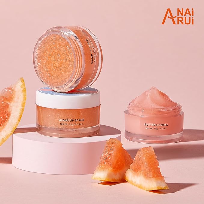 ANAI RUI Hydrating Lip Mask & Lip Scrub Set, Lip Overnight Treatment For A Softer & Smoother Pout, Lip Exfoliator Scrub and Moisturizer Set, Vegan & Cruelty-Free, Graperuit