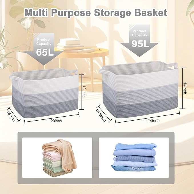 OIAHOMY Extra Large Blanket Basket, 95L Woven Storage Basket, Cotton Rope Toy Bin for Baby Room, Container for Storage in Living Room, 24''×17''×14'', Gradient Grey