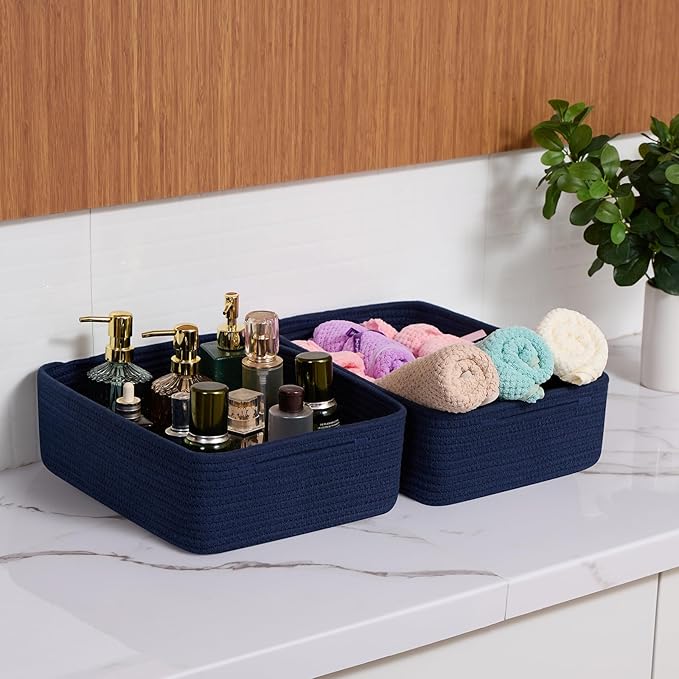 Large Shallow Organizing Baskets 15x11x5.1 Inches - Rope Woven Storage Bins for Bathroom, Shelves, Cube Closet, Navy Blue 3 Packs