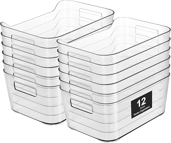 12 Pack Plastic Storage Bins, Pantry Organizers and Storage Container, Multi-Use Organizer Bins for Kitchen, Office, Fridge, Freezer, Cabinet and Shelf Organization