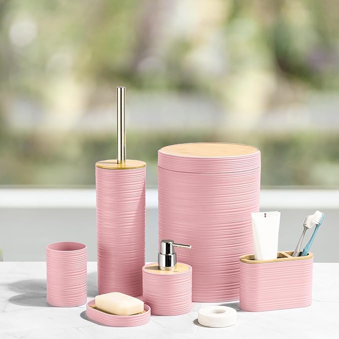 CERBIOR Bathroom Accessories Set 6 Piece Bamboo Bath Ensemble Includes Soap Dispenser, Toothbrush Holder, Toothbrush Cup, Soap Dish for Decorative Countertop and Housewarming Gift, Sriral Pink