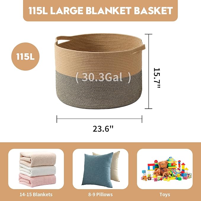 Foldable Laundry Hamper Basket with Collapsible Handle Cotton Rope Soft Woven Fabric Storage Organizer Clothes Toys Nursery Bedroom Dorm Space Saving Bin (Camel & Mix Camel, 115L(23.6"D x 15.7"H))
