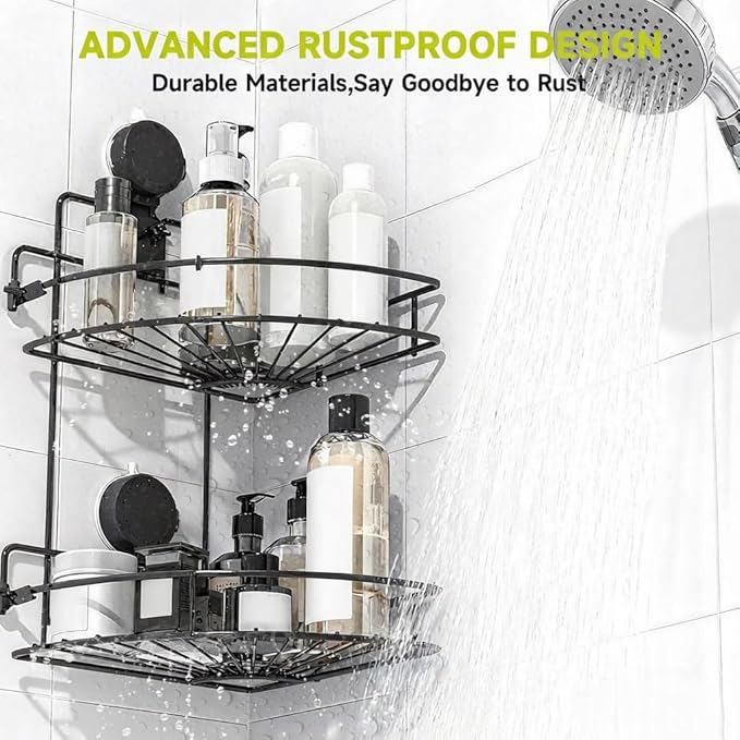 BANGMANG Shower Caddy Suction Cup, 2 Pack Suction Shower Shelf, NO-Drilling Bathroom Holder, Rustproof Bathroom Organizer for 90° Wall Corner, Black