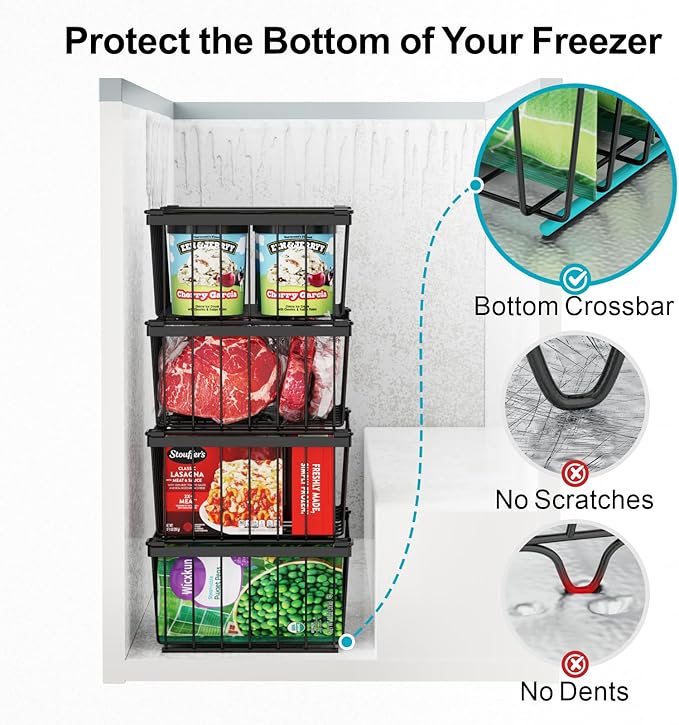 iSPECLE Deep Freezer Organizer, 8 Pack Wire Baskets for 5 Cu.Ft Chest Freezer & Upright Freezers (Over 8.5 Cu.Ft), 14" x 9.4" Stackable Heavy Duty Storage Bins Easy Access to Sort Meat, Black