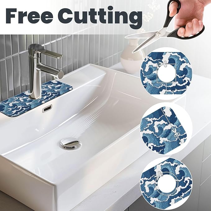 Japanese Wave Kanagawa Blue And White Waves Japan Kitchen Sink Splash Guard Faucet Mat Super Absorbent Fast Drying Mat Sink Gadgets-Fast Drying Pad Sink Mat For Kitchen Bathroom (15" X 5.5" )