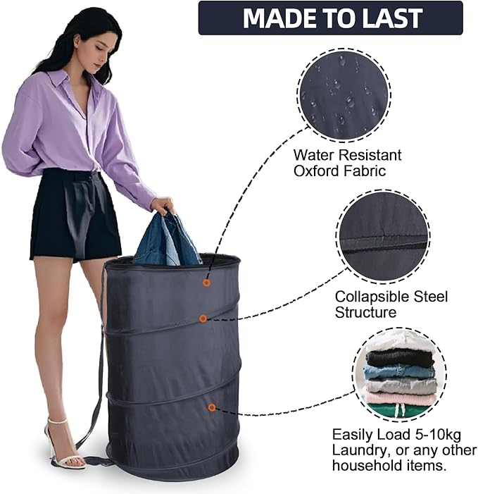 BATTOO Collapsible Laundry Baskets- Foldable Hamper for Laundry Extra Large Pop Up Laundry Hamper 107L with Long Straps Drawstring Clothes Hamper for Bathroom, Campout, Dorm or Travel Navy