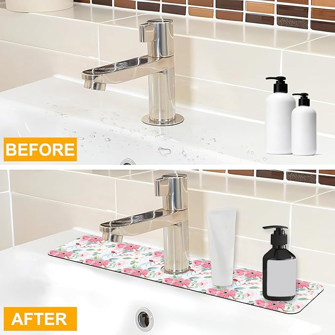 2 Pack Watercolor Floral Sink Faucet Absorbing Mat White Pink Flowers Super Absorbent Fast Drying Mat Sink Gadgets Behind Faucet Sinkmat for Kitchen Bathroom, 23.5"x5.5"
