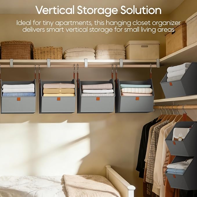 Collapsible Hanging Closet Organizer - 6 Tier Closet Shelves Storage System with Hooks, Fabric Hanging Storage Bins for Clothes, Foldable Storage Basket for Laundry, Bedroom, Rv, Grey