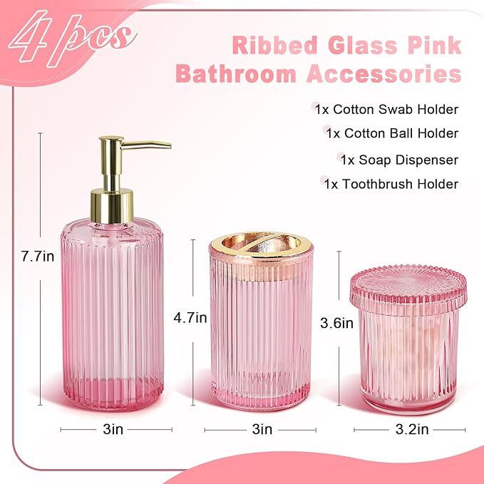 Pink Bathroom Accessories Set, Pink Bathroom Decor Accessory Sets Complete, 4 Pack Ribbed Grils Soap Dispenser and Toothbrush Holder Set with 2 Qtip Holders, Girly Bath Counter Essentials