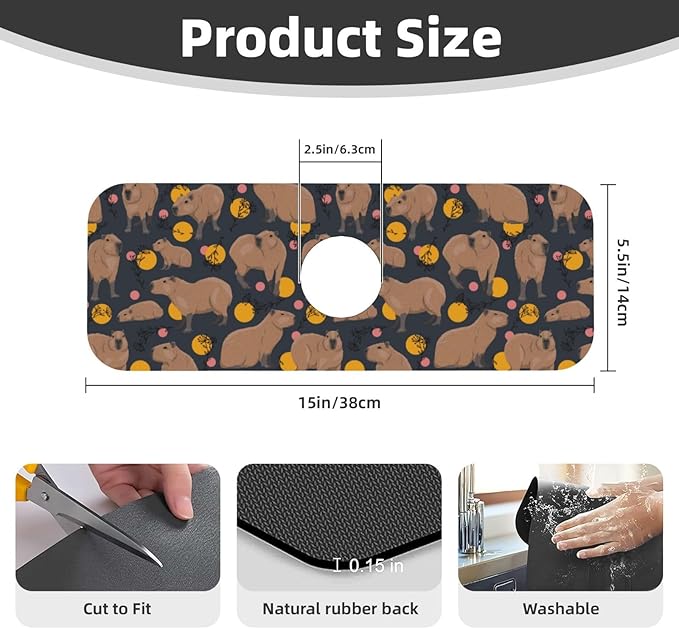 Capybara Doodle Botanical Circle Wildlife Kitchen Sink Splash Guard Faucet Mat Super Absorbent Fast Drying Mat Sink Gadgets-Fast Drying Pad Sink Mat For Kitchen Bathroom (15" X 5.5" )