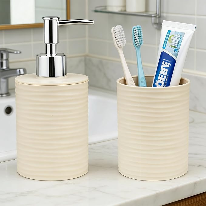 Bathroom Accessories Set, 2-Piece Beige Soap Dispenser & Toothbrush Holder with Ripple Texture & Rust-Proof Pump, Modern Matte Organization
