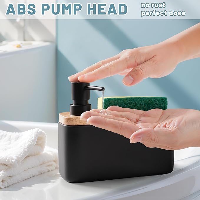 Black Soap Dispenser with Sponge Holder Ceramic Hand and Dish Soap Dispenser 17oz for Kitchen Bathroom