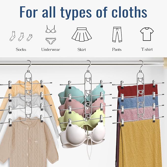 Pants & Skirt Hangers with Clips, Newly Upgraded Detachable - Space Saving Hangers, 4-Tiers Skirt Hangers for Women - Hanging Closet Organizer and Storage-4 Pack, Patent Pending