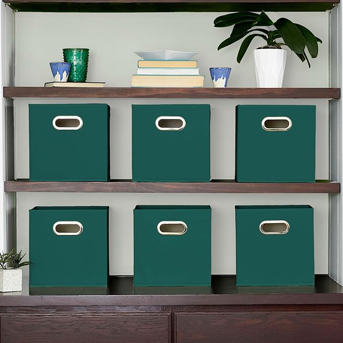 Household Essentials Foldable Fabric Storage Cubes 6-Pack – 11x11x11 Stackable Non-Woven Bins with Chipboard Sides & Grommet Handles – Closet, Shelf, Nursery, or Office Organizer – Forest Green