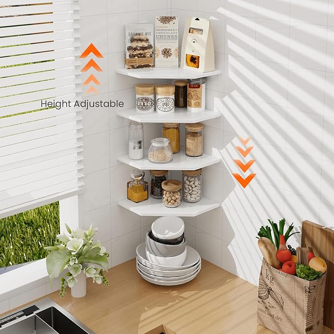 Homode Corner Wall Shelf, Corner Shelf Floating, Set of 4 Wooden Hanging Corner Shelves with Wire Hole for Bathroom Living Room Office, White