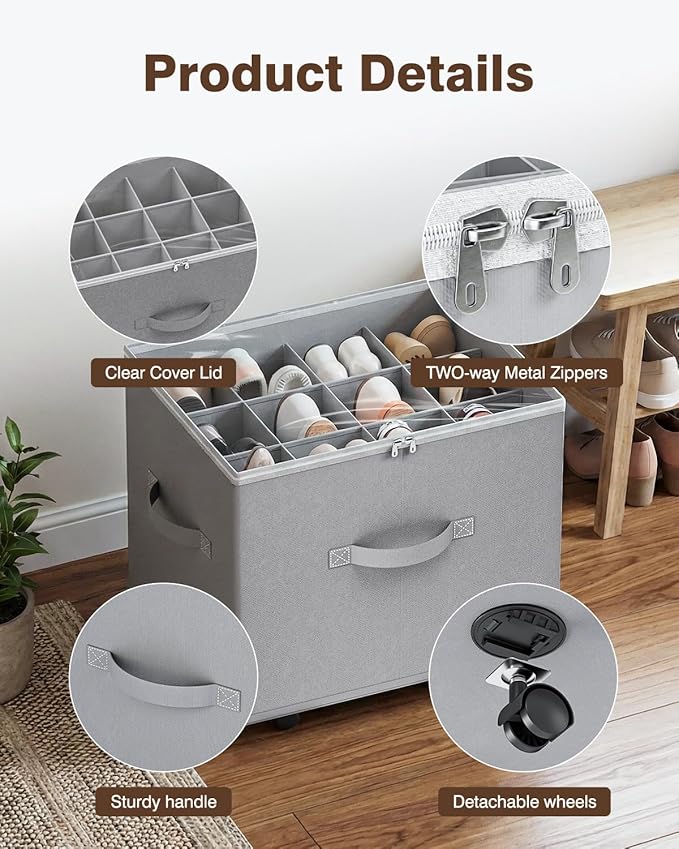 HOUSE AGAIN 2 Pack Shoe Organizer for Closet with Wheels, Shoe Storage Box, Shoe Storage Organizer with Adjustable Dividers and Clear Cover, Space-Saving & Fits up to 12-24 Pairs of Shoes
