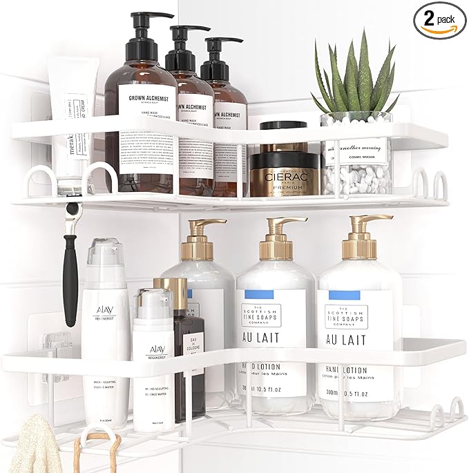 Corner Shower Caddy - 2 Pack, Adhesive Shower Organizers, Rustproof Stainless Steel Shower Shelves with 8 Hooks, No Drilling Bathroom Organizers and Storage Racks, Space-Saving, White, Large