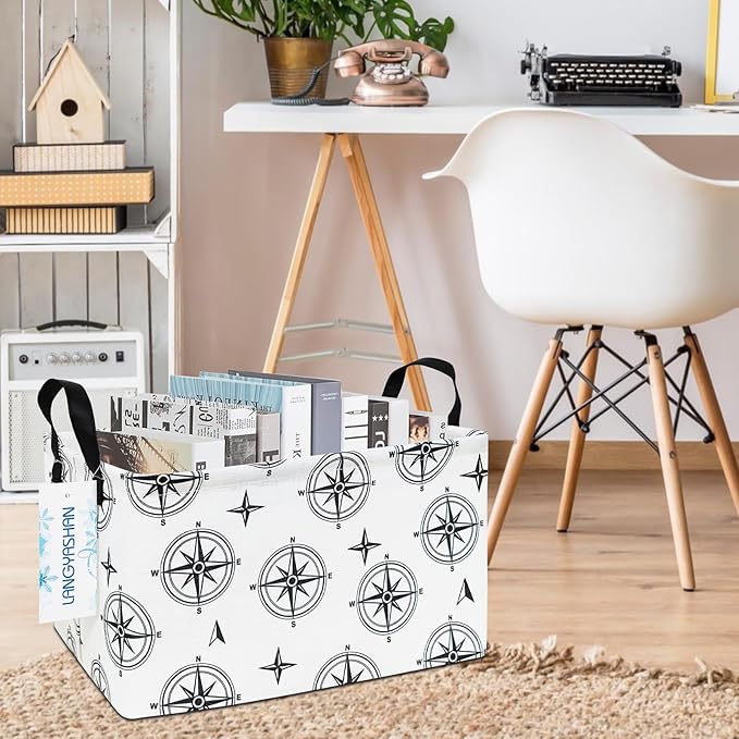 LANGYASHAN Rectangular Storage Bin Collapse Canvas Fabric Cartoon Storage Basket with Handles for Organizing Home Kitchen Boys and Girls Toys Office Closet Shelf Baskets (Rec Black Compass)