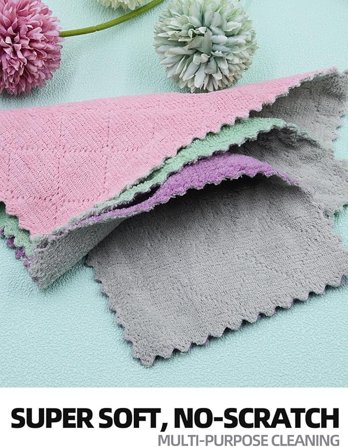 24PCS Kitchen Dishcloth, Microfiber Washcloth, Soft Cleaning Cloths, Coral Fleece/Lint Free/Absorbent/Quick Dry/Nonstick Oil Rags, Reusable Washable Tea Towel, 6''x10'' (Pink)