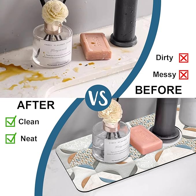 Ceramic Wall Tiles Sink Splash Guard Faucet Mat Moroccan Graphics Super Absorbent Fast Drying Mat Sink Gadgets-Splash Guard Behind Faucet Drip Catcher for Kitchen Bathroom, 15.5"x5.5"