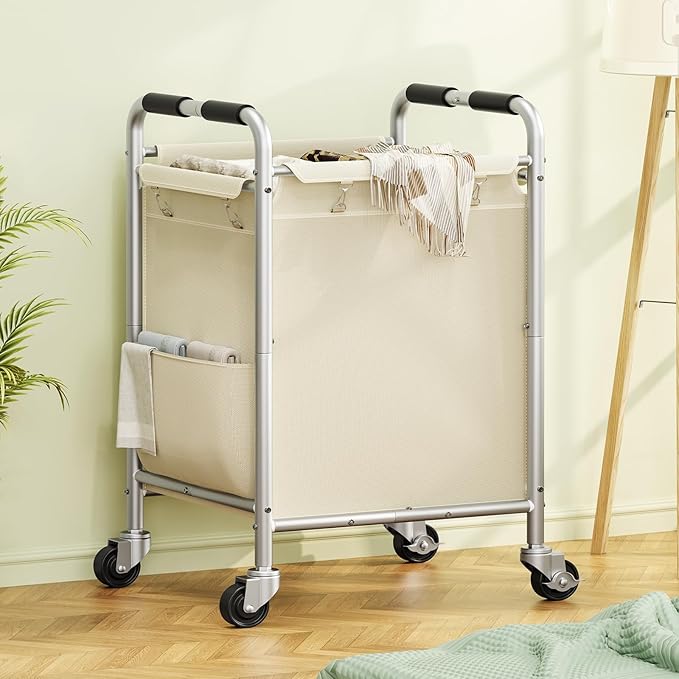 Laundry Basket with Wheels, Rolling Laundry Sorter Cart with Side pockets,47.6GAL(180L) Rolling Laundry Hamper with Removable Bag and Handle for Bedroom, Beige
