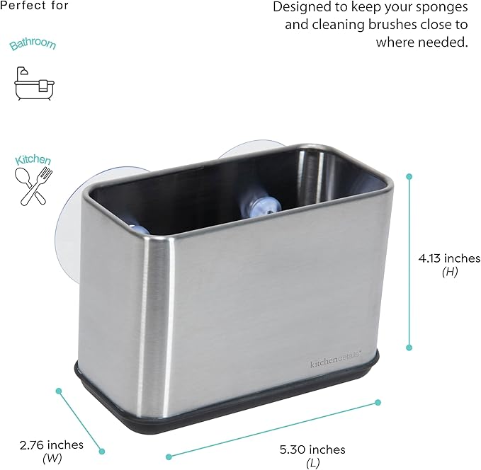 Kitchen Details Cup Sponge Holder/Basket, Space-Saving, Perfect for Kitchen or Bathroom, Sleek, in Stainless Steel Suction Sink Caddy (4192-SS)