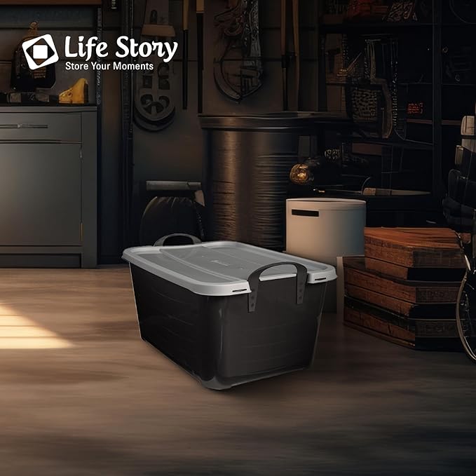 Life Story 24 Pack Heavy Duty Stackable Storage Bin, 55 Quart Home Organizer, Versatile Lightweight Locking Bins with Carrying Handles, Black/Gray