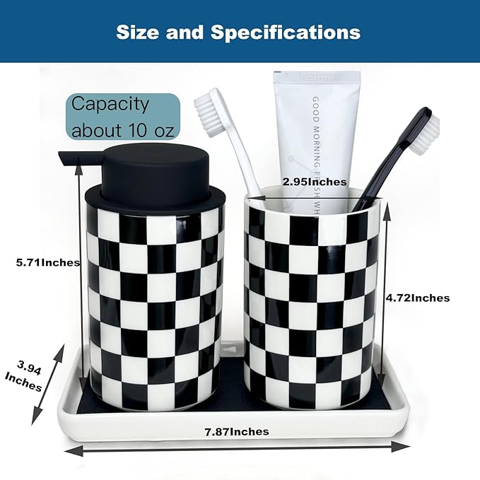 Bathroom Toothbrush Holder Set, Ceramic Soap Dispenser and Tooth Brush Holder Set, Modern Bathroom Accessories Sets Countertop, Black and White Checkered Bathroom Decor Set