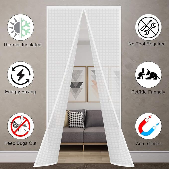 Insulated Door Curtain, Thermal Magnetic Self-Sealing Door Screen Winter Stop Draft Keep Cold Out Cover for Kitchen, Bedroom, Air Conditioner Room,Hands Free, Fits Doors up to 36" x 82", White