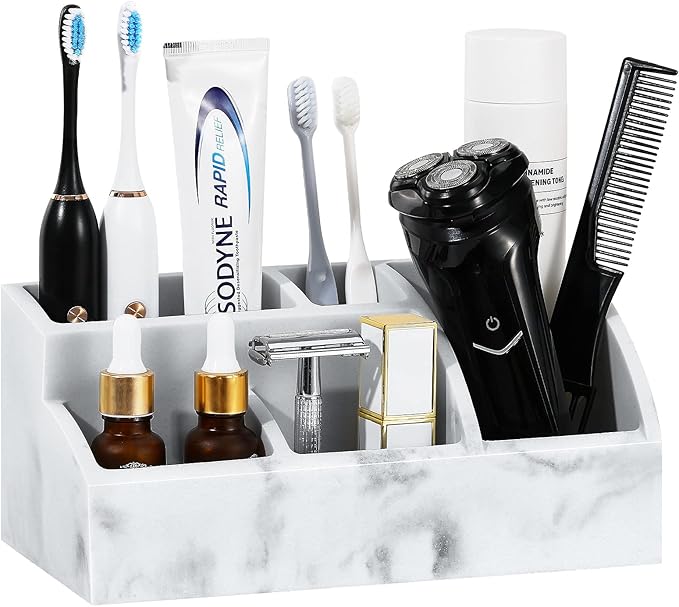 Luxspire Electric Toothbrush Holders, Bathroom Organizer Countertop Caddy 5 Slots Resin Large Toothbrush Holder Caddy Toothpaste Razor Marble Toothbrush holders for Bathroom Accessories, Gravel White