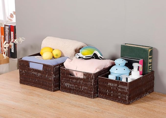 Elevon Plastic Wicker Basket Set of 3, Handmade Storage Basket for Organizing with Handles, Storage Bins for Home Kitchen Countertop, Shelf Organizer, Waterproof, Coffee