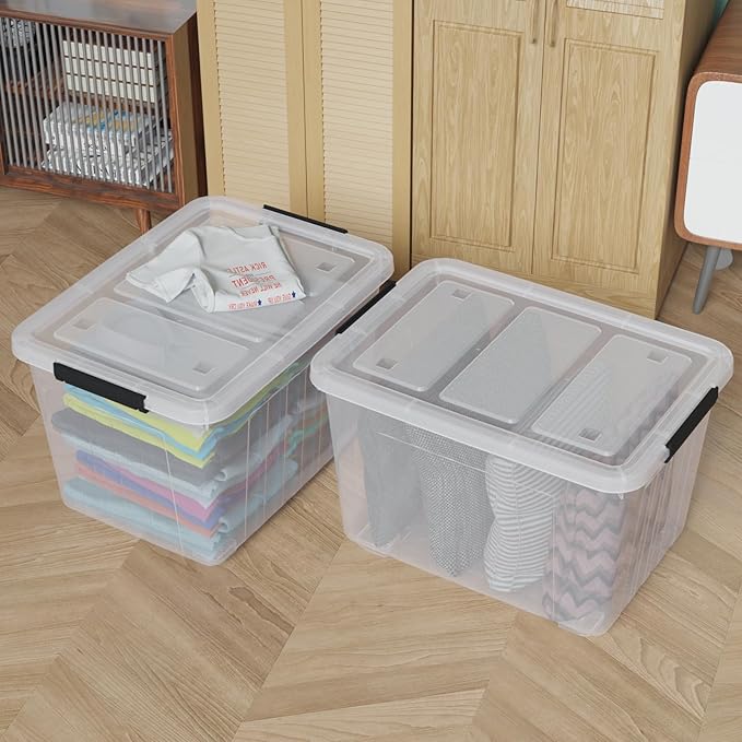 Ewingger 70 L Large Clear Storage Boxes, 4-Pack Plastic Storage Bins with Lids and Wheels