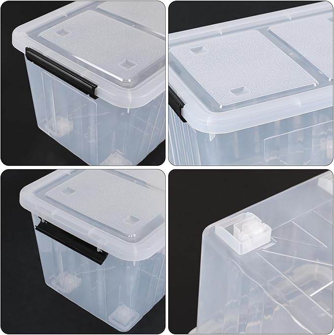 Ggbin 30 Quart Clear Latching Container Bin with Wheels, Plastic Lidded Storage Bins Set of 4