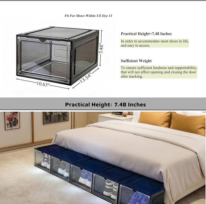 6 Pack Shoe Organizer for Closet, Shoe Storage Container with Lids, Shoe Box Clear Plastic Stackable, Thick Hard Polypropylene, Drop Front Door, US Size 13