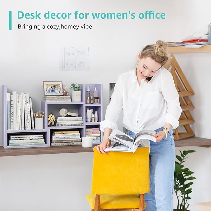 Desk Shelves Desktop Orgnizer Shlef - Purple Office Organization for Top of Desk Organizers and Accessories Corner Bookshelf Table Top Shelving Small Hutch Decorations for Women Office