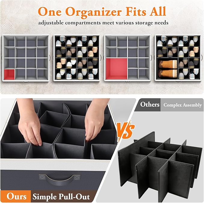 Shoe Organizer for Closet - 2 Packs Hold up to 32 Pairs, Large Shoe Storage Organizer Containers with Adjustable Dividers, Clear Cover, Leather Handles for Heels, Boots, Sneakers (Gray)