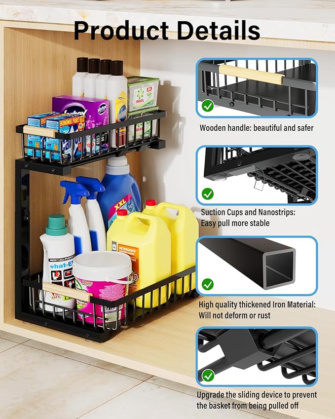 Under Sink Organizer Storage for Families: Pull Out Storage Undersink Organizers Drawer Cabinet - Sliding 2 Tier Rack Metal Organization Under Counter Kitchen Bathroom for Homemakers(Black,1 Pack)
