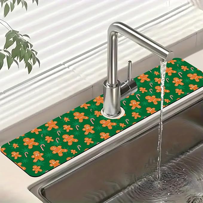 Christmas Happy New Year Sink Faucet Absorbing Mat Santa Claus Super Absorbent Fast Drying Mat Sink Gadgets Behind Faucet Sinkmat for Kitchen Bathroom, 23.5"x5.5"
