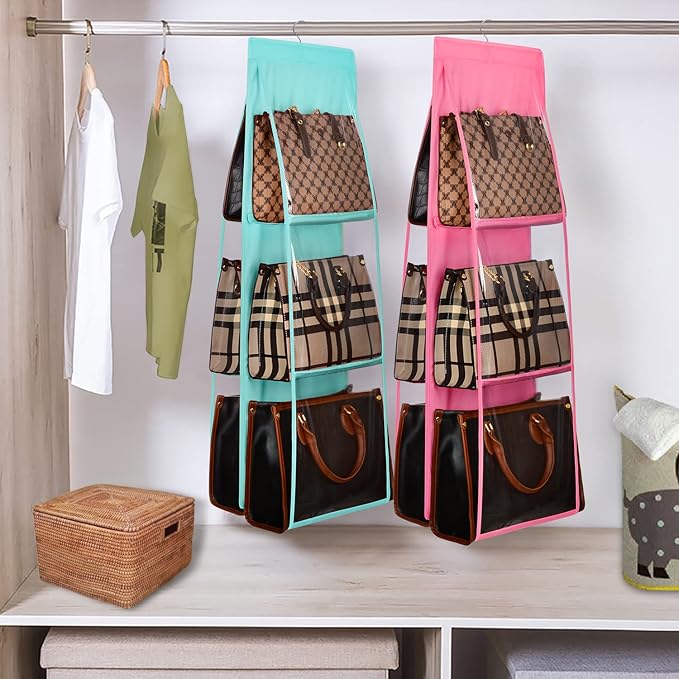 Lirex Medium and Large Handbag Hanging Organizer, 6 Pockets Foldable Hanging Purse Organizer Oxford Cloth Handbag Storage Hanger Universal Fit Closet Organizer for Family Closet Bedroom, Light Blue