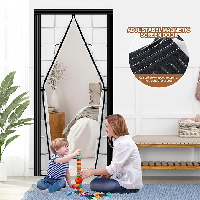 Adjustable Insulated Door Curtain, Magnetic Thermal Self-Closing Privacy Door Screen, Fit Doors Size Width 34" - 39" Height 81" - 84", Hands Free with Closure Weighted Bottom, Grey
